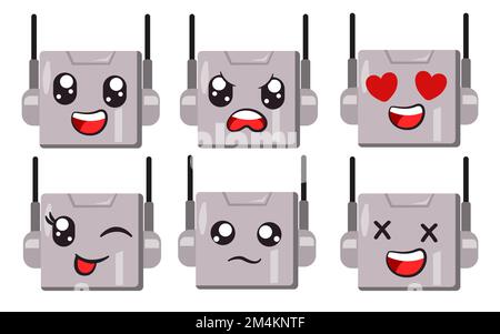 Robot cyborg bot male facial expression emoticon with eyes and mouth collection of cartoon isolated illustration Stock Vector