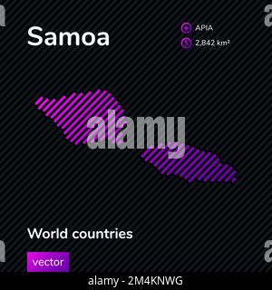 Vector creative digital neon flat map of Samoa with violet, purple, pink striped texture on black background. Educational banner, poster about Samoa Stock Vector