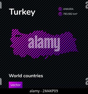 Vector flat map of Turkey with violet, purple, pink striped texture on black background. Educational banner, poster about Turkey Stock Vector
