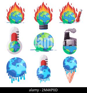 Global warming globe burning climate change melting heating burning temperature earth icon illustration Stock Vector