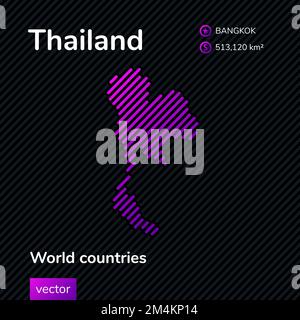 Vector creative digital neon flat simple map of Thailand with violet, purple, pink striped texture on black background. Educational banner, poster abo Stock Vector