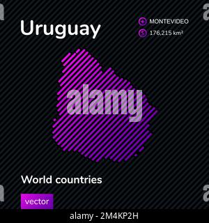 Vector flat map of Uruguay with violet, purple, pink striped texture on black background. Educational banner, poster about Uruguay Stock Vector