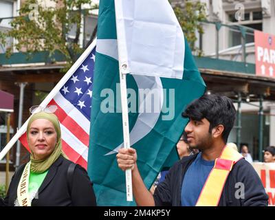 Muslim New Yorkers march along Madison Avenue in New York City during the Annual United American Muslim Day Parade. Stock Photo