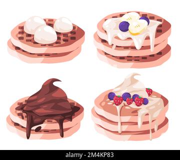 Pancakes set collection with toppings of chocolate blueberry strawberry Stock Vector
