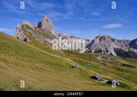Geislerspitzen massif on Seceda with grass, huts and view to Odle mountains, Val (Valley) Gardena, Dolomites, South Tyrol, Italy Stock Photo