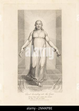 Christ descending into the Grave (Plate I). A radiant figure of Jesus Christ, holding two large keys, walks down a staircase into a sea of flames. Copperplate engraving by Louis Schiavonetti after an original drawing by William Blake from Robert Blair’s The Grave, T. Bensley for Rudolph Ackermann, 1813. Stock Photo