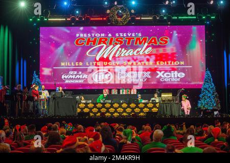 Bensalem, United States. 21st Dec, 2022. Broadcasters on air as part of WMMR Radio's Ugly Christmas Sweater contest Wednesday, December 21, 2022 at PARX Xcite Center in Bensalem, Pennsylvania. The winner of the contest receives a year supply of beer. Credit: William Thomas Cain/Alamy Live News Stock Photo