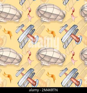 Retro aircraft vintage style watercolor seamless pattern isolated on yellow. Airplanes, dirigible, airship in the sky hand drawn. Cute childish design Stock Photo