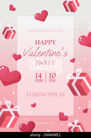 poster with text Happy valentines day party on background with hearts and gifts Stock Vector