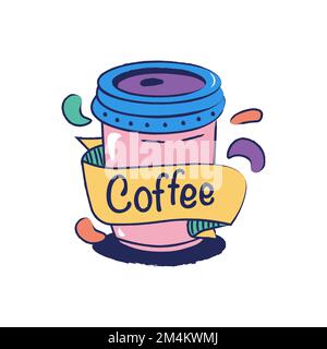 hand drawn pink takeaway coffee cup with coffee lettering Stock Vector