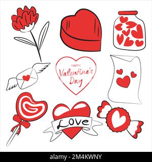 set of happy valentines day elements, heart, flying envelope, candies, love letter, flower Stock Vector
