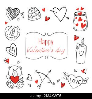set of doodle elements for valentines day text happy valentines day hearts rose teddy bear bow and arrow candy Stock Vector