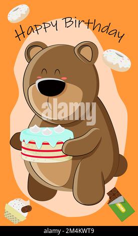 cute birthday card with cute teddy bear and cake Stock Vector