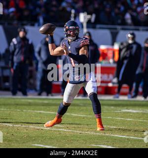 Chicago, IL, USA. 18th Dec, 2022. Chicago Bears quarterback #1 Justin Fields  is sacked by Eagles #94 Josh Sweat during a game against the Philadelphia  Eagles in Chicago, IL. Mike Wulf/CSM/Alamy Live