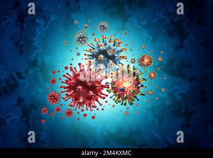 Tripledemic Covid Flu And RSV or respiratory syncytial virus with three pathogen cells dangerous infectious disease cells as a 3D illustration. Stock Photo