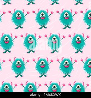 Seamless vector pattern with fluffy monsters on pink backdrop. Stock Vector