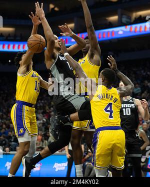 Sacramento, CA, USA. 21st Dec, 2022. Sacramento Kings forward Keegan Murray (13) fouled as he drives to the basket against the Los Angeles Lakers in the second half during a game at Golden 1 Center in Sacramento, Wednesday, Dec. 21, 2022. (Credit Image: © Paul Kitagaki Jr./ZUMA Press Wire) Stock Photo