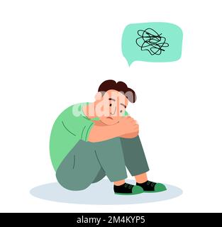 Teenager Depression, Problems, Depressed Unhappy Boy Sitting on Floor with Tangled Thoughts in Head. Kid Character need Professional Psychological Hel Stock Photo