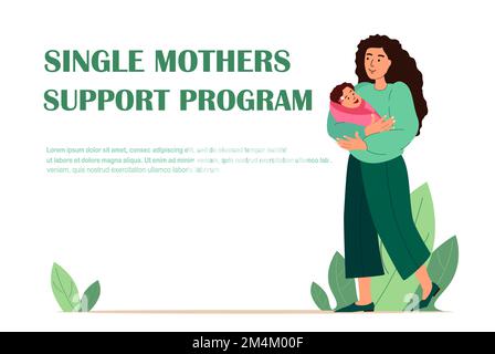 Programs for Single Mothers Landing Page Template. Young Female Character Holding Baby on Hands Adorable Woman and Child Communicate, Maternity, Mothe Stock Photo
