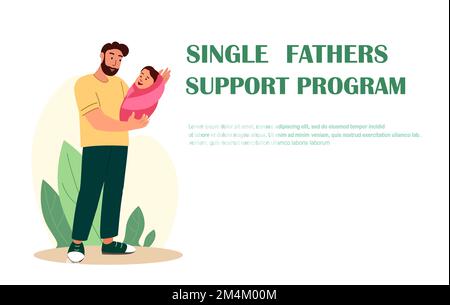 Program for Single Fathers Landing Page Template.Young Male Character Holding Baby on Hands.Man in Decree with Newborn Child,paternity,Fatherhood,Fath Stock Photo