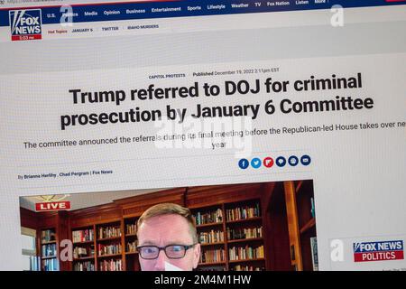 Headline on Fox News website with breaking news of the 6th January Committee referral of President Trump, 19th December 2022. Stock Photo