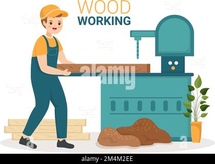 Woodworking with Wood Cutting by Modern Craftsman and Worker using Tools Set in Flat Cartoon Hand Drawn Template Illustration Stock Vector