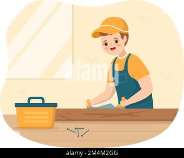 Woodworking with Wood Cutting by Modern Craftsman and Worker using Tools Set in Flat Cartoon Hand Drawn Template Illustration Stock Vector