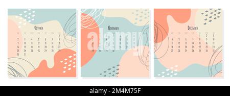 Set of 2023 calendar template by months October November December , calendar cover concept, boho style abstract illustration. Vector illustration Stock Vector