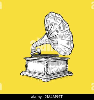 Gramaphone Icon, Drawing, Sketch and Vintage style Stock Vector