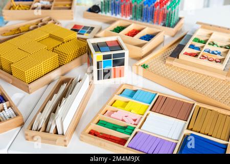 Montessori materials for secondary school learning math educational logical geometric wooden details Stock Photo