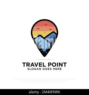Travel Point Agency logo design with mountain nature park and pin destination shape vector illustration template Stock Vector