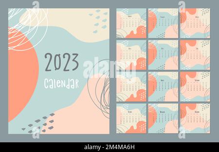 2023 calendar template by months, calendar cover concept, boho style, pastel colors. Vector illustration Stock Vector
