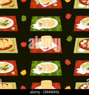 Seamless pattern with Mexican food Quesadilla, Tacos, Empanadas and corn tortillas in plates on tablecloth on black background with pepper. Vector End Stock Vector