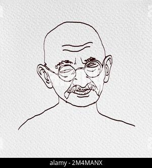 simple line drawing of Mahatma Gandhi,  illustration of Mohandas Karamchand Gandhi or mahatma Gandhi, great Indian freedom fighter who promoted.Father Stock Photo