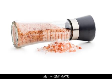 Pink himalayan salt and salt mill isolated on the white background. Stock Photo