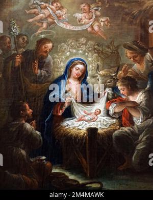 The Adoration of the Sheperds by Jerónimo Ezquerra (1660-1733).Spanish painter.Baroque period.La Adoración de los pastores. Stock Photo