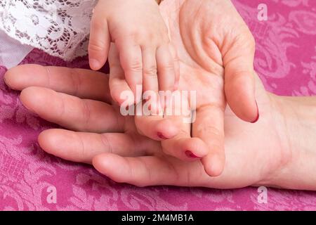 Closeup of a child's hands of mom and dad, concept of family and love for their babies Stock Photo