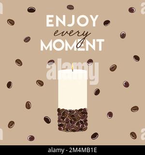 Enjoy every moment quote. Illustration of scented burning candle with lettering. Home decorative candle print. Hand draw vector illustration Stock Vector
