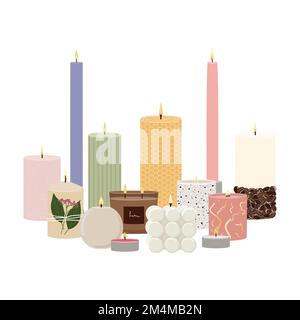 Set of scented burning candles stand together. Beeswax, paraffin, soy and coconut wax candles in jar and pillar.  Aroma candles collection. Zero waste Stock Vector