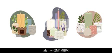 Set of illustrations of scented burning candles. Beeswax, paraffin, soy, coconut wax candles in jar and pillar with greenery and abstract shape. Home Stock Vector