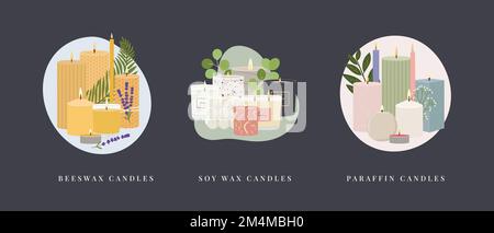 Set of illustrations of scented burning candles. Beeswax, paraffin, soy wax candles in jar and pillar with greenery and abstract shape. Home decorativ Stock Vector