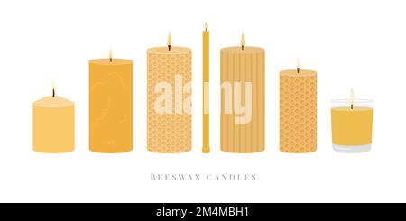 Set of scented burning candles. Beeswax candles in jar and pillar.  Home decorative natural candles. Aroma candles collection. Zero waste eco gifts. H Stock Vector