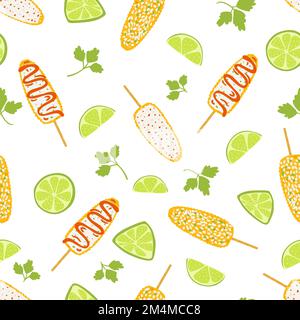Seamless pattern with elote dish. Traditional Mexican food, folk cuisine. Vector background with grilled corn Stock Vector