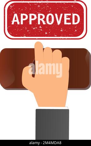 Hand holding rubber stamp. Notary stamping approved word on a paper Stock Vector