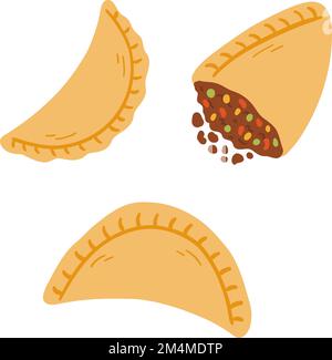 Empanadas in cartoon flat style. Hand drawn vector illustration of traditional Latino America food, folk cuisine Stock Vector
