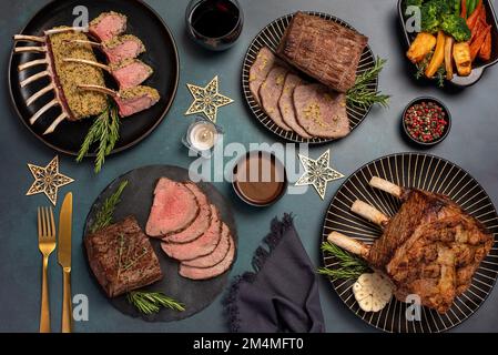 Food photography of roasted beef,  lamb, fillet, meat, sirloin, steak, beefsteak, table, dinner Stock Photo