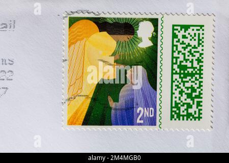 2nd class Christmas stamp stuck on envelope - stamp barcoded, stamp barcode UK 2022 Stock Photo