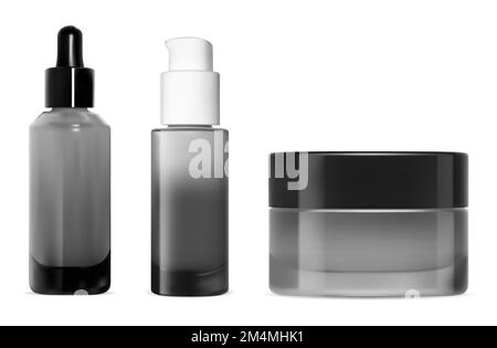 Serum dropper bottle. Pump dispenser cosmetic container design. Skin care bottles set concept. Essence oil eyedropper with collagen airless pump dispe Stock Vector