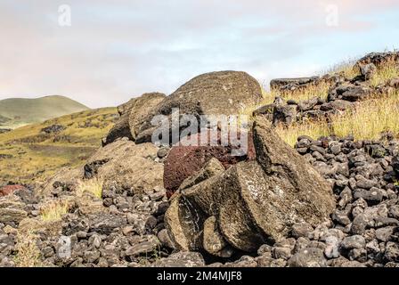 Head of a destroyed Moai sculpture on Easter Island, Rapa Nui, Chile Stock Photo