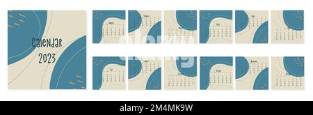 Set of 2023 calendar blue template by months, calendar cover concept, boho style abstract illustration. Vector illustration Stock Vector